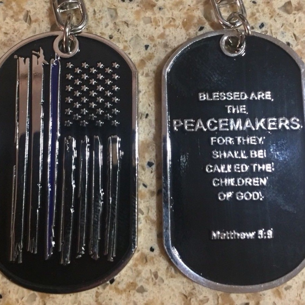 Thin Blue Line American Flag Police Dog Tag Keychain Matthew 5:9 NEW